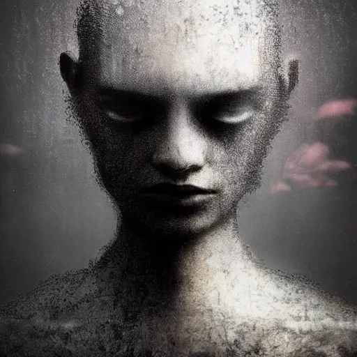 Image similar to dark expressive portrait of the digitally glitched soul, dramatic lighting, lonely, god rays, edges, universal background, facial expression, chiaroscuro, atmospheric lighting, motion design, by Beksinski, maze, sharp focus, deviantart, irridescent, intense knowledge, masterpiece, paradox