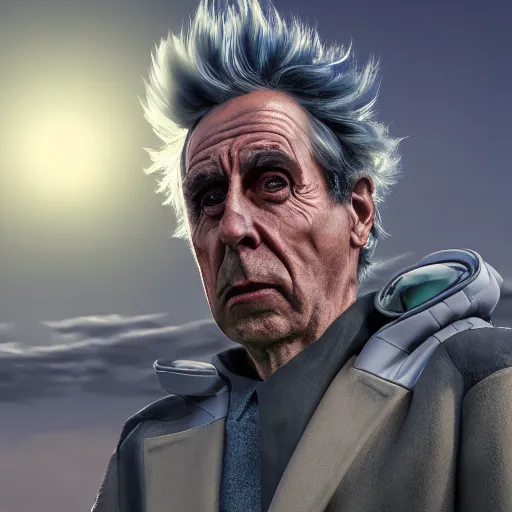 Image similar to portrait of real life rick sanchez. photo realism. dramatic lighting. alien planet background. 4 k