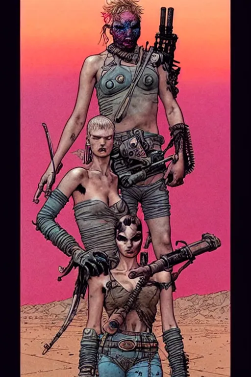 Image similar to ( ( ( ( ( madmax fury road cover art. muted colors. ) ) ) ) ) by mœbius!!!!!!!!!!!!!!!!!!!!!!!!!!!