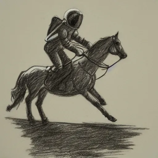 Image similar to Pencil drawing of a spaceman riding a pony at the moon