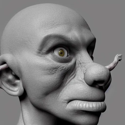 Prompt: an grotesque creature with weird features, looking inquisitively at the camera, 3d render, studio lighting