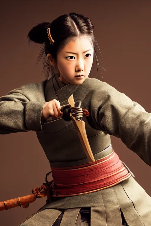 Image similar to highly detailed beautiful photo of a young female samurai, practising sword stances, symmetrical face, beautiful eyes, realistic anime art style, 8 k, award winning photo, pastels colours, action photography, 1 / 1 2 5 shutter speed, dramatic lighting