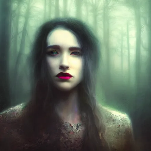 Image similar to riveting charismatic brunnette female vampire, portrait, atmospheric lighting, painted, intricate, highgate cemetery, fog, cold, volumetric lighting, beautiful, blue moon light, sharp focus, deep colours, ultra detailed, by leesha hannigan, ross tran, thierry doizon, kai carpenter, ignacio fernandez rios