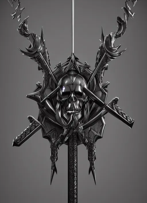 Image similar to a black great sword mini skull crest, orthographic, ornament, weapon, a 3 d render by dom qwek, front side full, trending on polycount, artstation, hard surface modeling, rendered in maya, zbrush, blender, hd, vray, berserk, symmetry