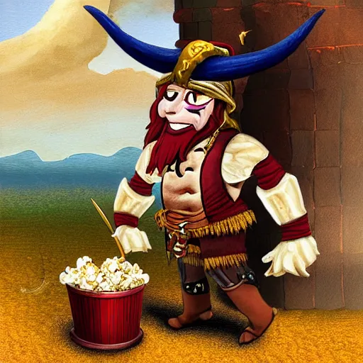 Prompt: a fantasy painting of a minotaur pirate captain with his popcorn machine and book of spells