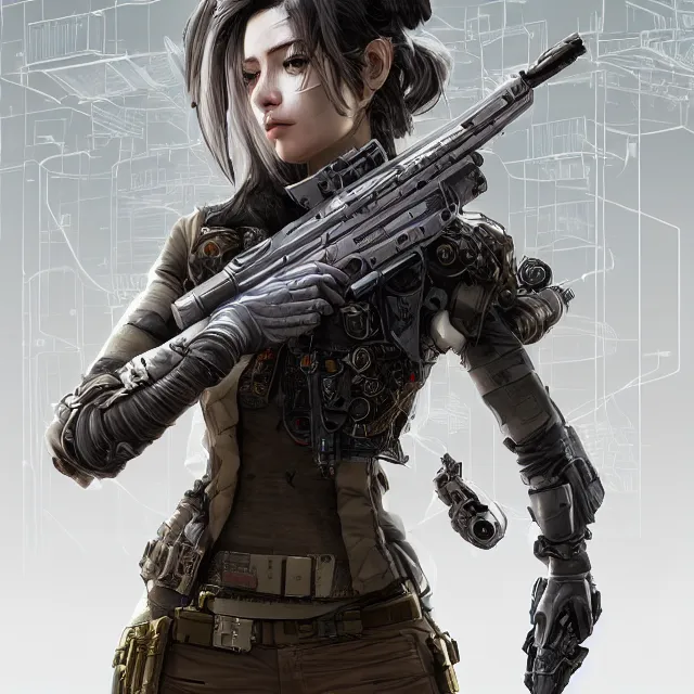 Prompt: the portrait of lawful neutral female cyberpunk infantry sniper as absurdly beautiful, gorgeous, elegant, young woman looking up, an ultrafine hyperdetailed illustration by kim jung gi, irakli nadar, intricate linework, bright colors, octopath traveler, final fantasy, unreal engine 5 highly rendered, global illumination, radiant light, detailed and intricate environment