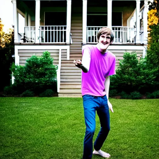 Prompt: bo burnham outside of his house, smiling and dancing