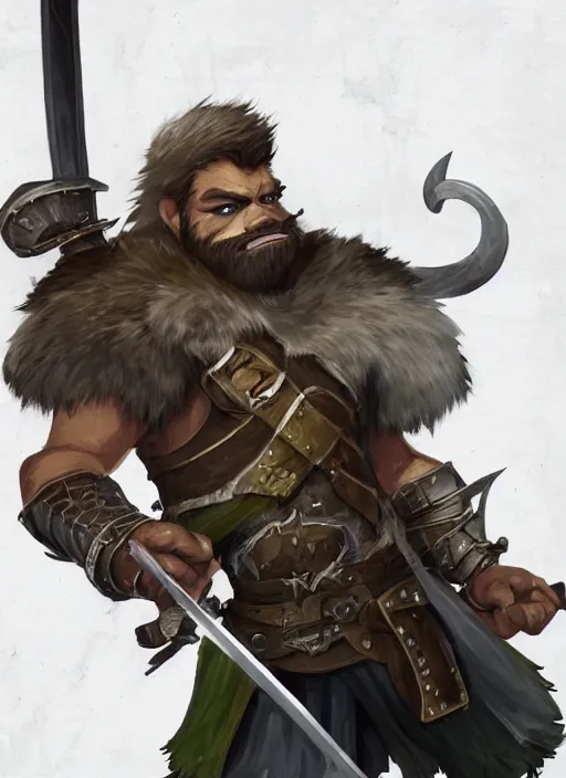 Image similar to strong young man, photorealistic bugbear ranger holding aflaming sword, black beard, dungeons and dragons, pathfinder, roleplaying game art, hunters gear, jeweled ornate leather and steel armour, concept art, character design on white background, by studio ghibli, makoto shinkai, kim jung giu, poster art, game art