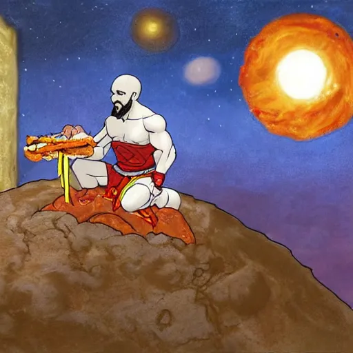 Prompt: kratos, in a business suit, eating a pulled pork sandwich, on the moon, by j. m. w. turner, in the style of piet mondrian