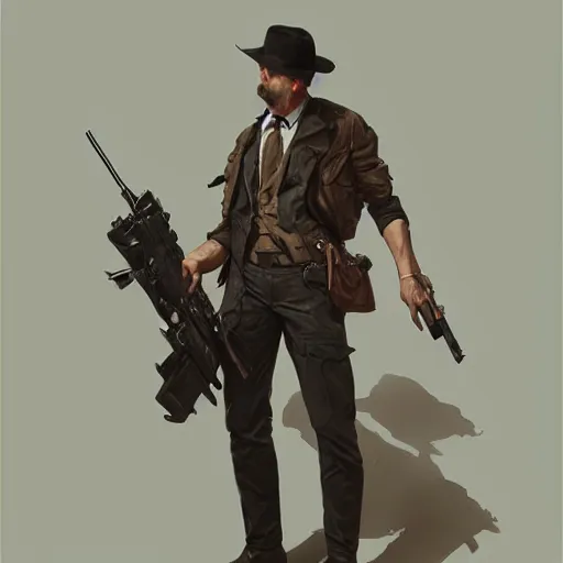 Image similar to mustle manly man holding a gun, elegant, dynamic pose, highly detailed, digital painting, artstation, concept art, matte, sharp focus, illustration, art by Artgerm and Greg Rutkowski and Alphonse Mucha