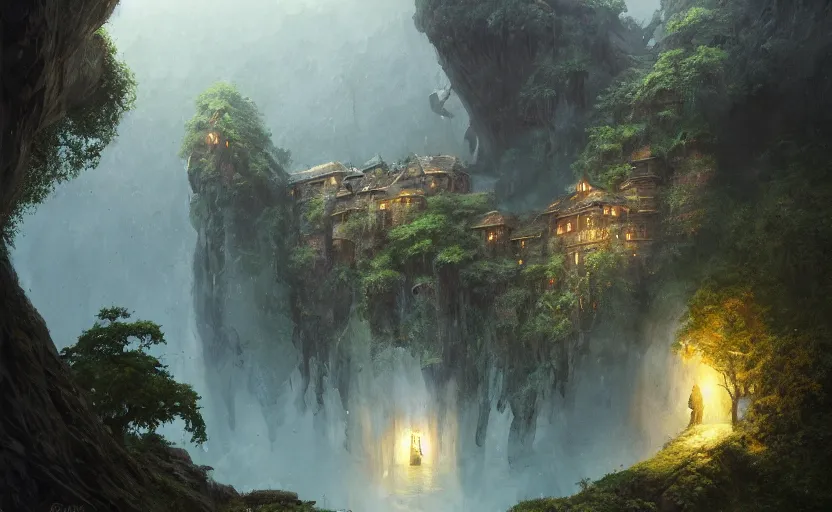 Image similar to painting of a series of a ring of bedrooms carved high up inside a mountain surround a lush garden with hot spring, cozy bed, well maintained, clean, medieval, fantasy genre, natural light, fantasy, natural light, sharp focus, concept art, by greg rutkowski and craig mullins, cozy atmospheric and cinematic lighting, trending on artstation