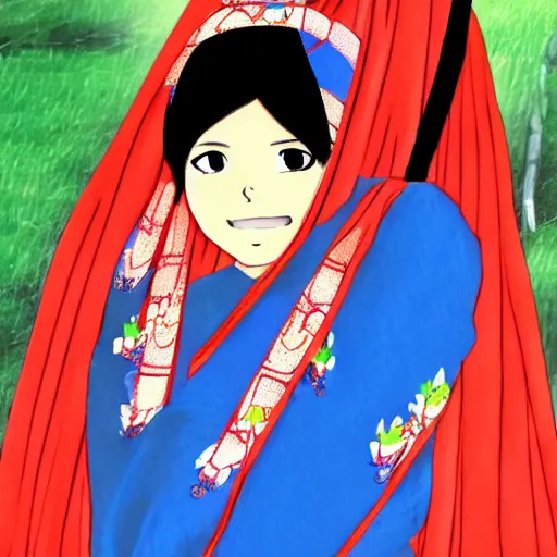 Image similar to a nepali woman, wearing sari, anime style