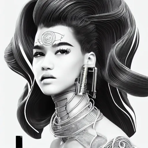 Prompt: the portrait of an elegant, sophisticated, fashionable robotess idol, an ultrafine illustration of young half arab zendaya mix by kim jisu, intricate linework, neon wiring, fashion, porcelain skin, unreal engine 5 highly rendered, global illumination, radiant light, detailed and intricate environment, by rutkowski, artgerm, marvel comics