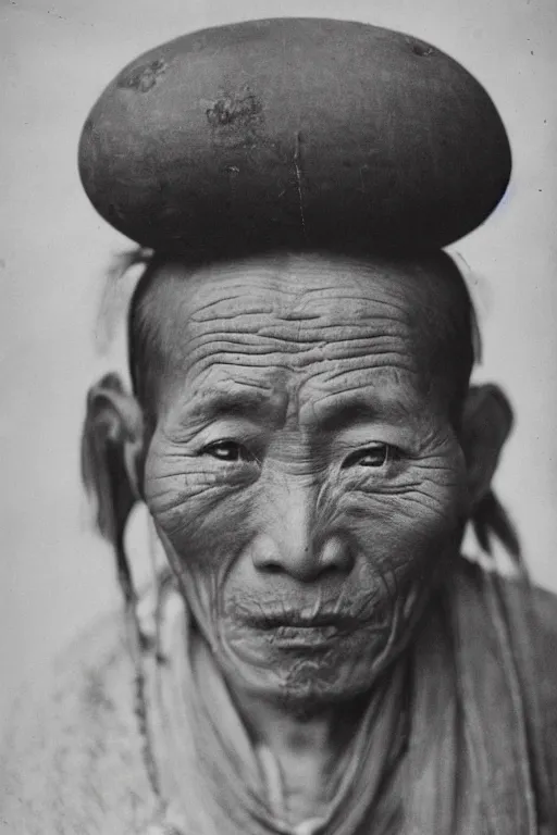Prompt: ultra realistic vintage photo portrait of a tibetan man with a tunnel in his head, by Irving Penn