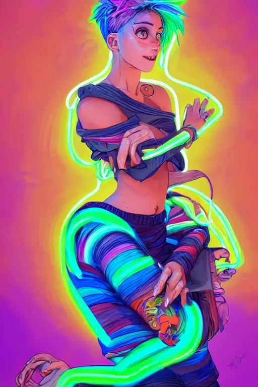 Image similar to a award winning full body portrait of a beautiful woman with stunning eyes in a one off shoulder croptop and cargo pants with rainbow colored hair, outlined by whirling illuminated neon lines and fine lines swirling in circles by jesper ejsing and rhads and makoto and shinkai and lois van baarle, digital art, trending on artstation