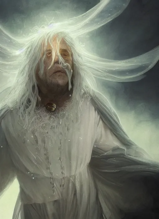 Image similar to Portrait of Danny DeVito, white glowing eyes, silver shaggy hair, cloak, ethereal wings, male, fantasy, extremely detailed, digital painting, artstation, concept art, smooth, sharp focus, illustration, stunning lighting, art by artgerm and greg rutkowski and alphonse mucha and simon stalenhag, realistic character concept, high fantasy, light atmosphere, golden ratio, cinematic lighting, hyperdetailed, high resolution, insanely detailed and intricate, artstation, Marc Simonetti, Greg Rutkowski, 8k