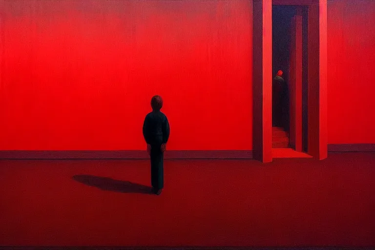 Image similar to only with red, crowd delirious at the sight of a painting, in a city square, in the style of beksinski, parts by edward hopper, parts by rodcenko, parts by yue minjun, intricate and epic composition, red by caravaggio, insanely quality, highly detailed, masterpiece, red light, artstation, 4 k