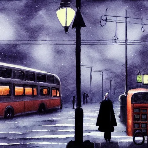 Image similar to dark city bus stop, ghibli style in wet on wet watercolor, very detailed,ArtStation