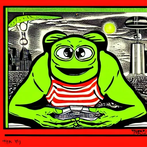 Prompt: pepe the frog casually being in the city while ufo abduction is happening. by virgil finlay