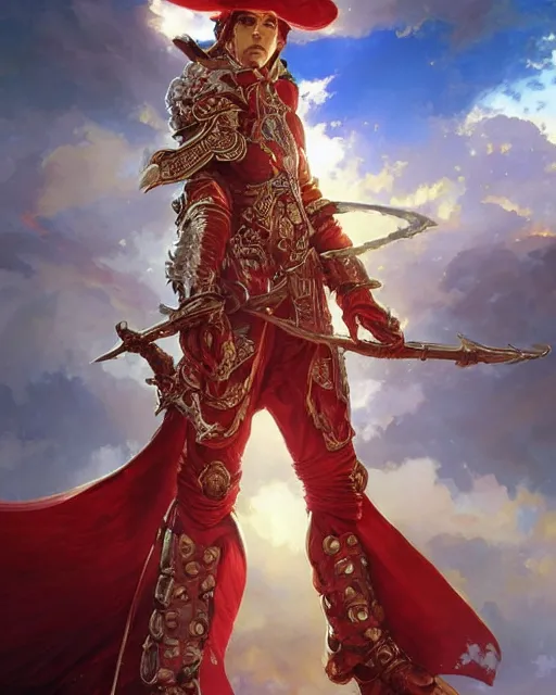 Image similar to A Full View of a Red Mage wearing magical ornate armor and a pirate hat surrounded by an epic cloudscape. Magus. Red Wizard. masterpiece 4k digital illustration by Ruan Jia and Mandy Jurgens and Artgerm and greg rutkowski and Alexander Tsaruk and WLOP and Range Murata, award winning, Artstation, art nouveau aesthetic, Alphonse Mucha background, intricate details, realistic, panoramic view, Hyperdetailed, 8k resolution, intricate art nouveau