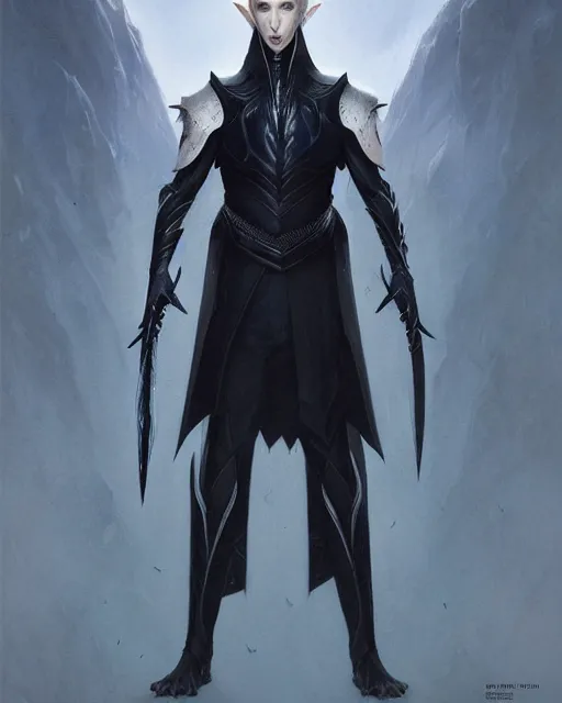 Image similar to character portrait of a slender young half white haired elven man with piercing blue eyes and pale bluish skin, wearing sleek pearlescent black wraithbone armor, by greg rutkowski and mark brookes and jim burns and tom bagshaw and magali villeneuve, trending on artstation