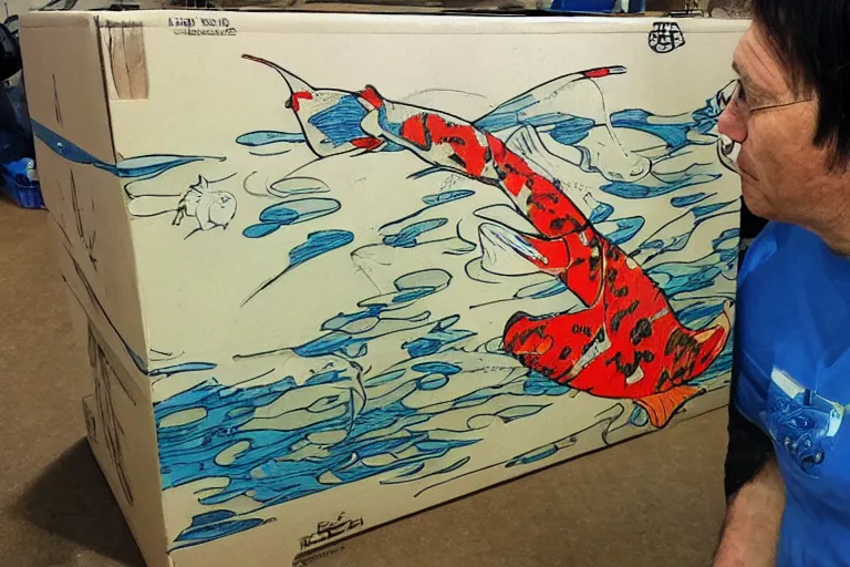 Image similar to inspecting a shipment, the box is full of water and koi. art in the style of vincent di fate.