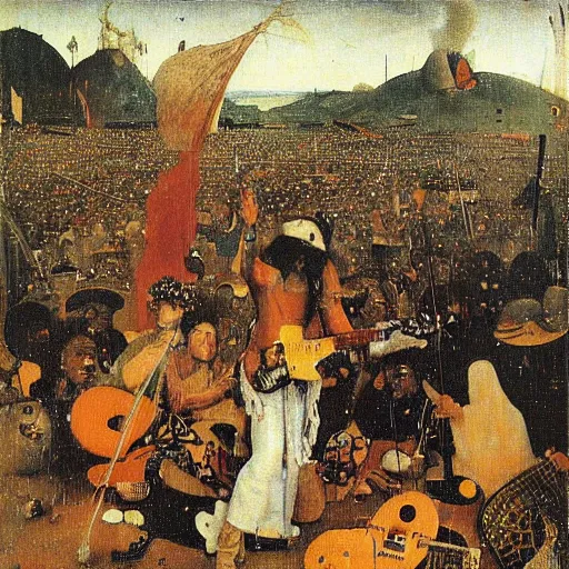 Prompt: jimy hendrix at woodstock by hieronymus bosch