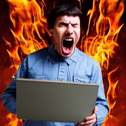 Image similar to a man holding a laptop screaming in rage as flames emerges from his hair, stock photo, realistic, hdr, clear image, hdd, dynamic lighting, rtx on,