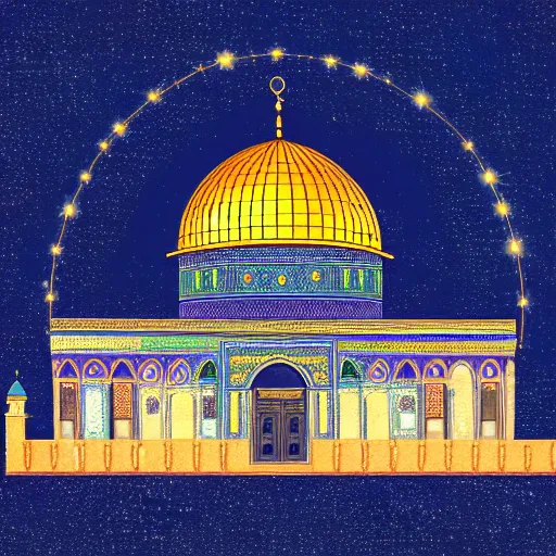 Prompt: a beautiful illustration of dome of the rock jerusalem and a silhouette of a muslim is praying in front of it, intricate, elegant, glowing lights, highly detailed, digital painting, artstation, concept art, smooth, sharp focus, illustration, flat background