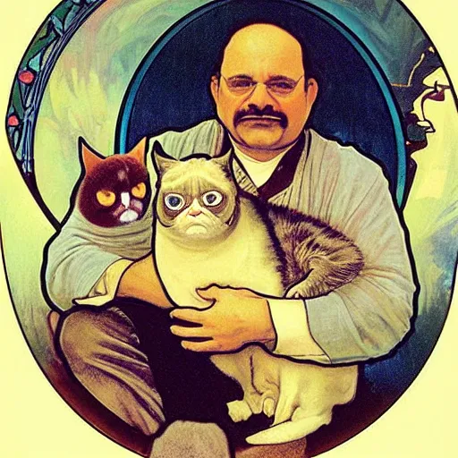 Image similar to “ george costanza holding grumpy cat, sitting on velvet couch, very detailed, by alphonse mucha ”