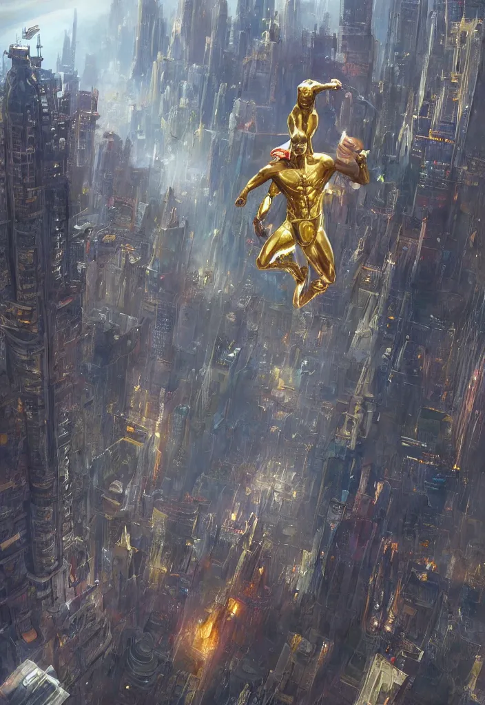 Prompt: a highly detailed epic cinematic concept art CG render digital painting artwork: Gold Superman flies through Metropolis. By Greg Rutkowski, in the style of Francis Bacon and Syd Mead and Norman Rockwell and Beksinski, open ceiling, highly detailed, painted by Francis Bacon and Edward Hopper, painted by James Gilleard, surrealism, airbrush, Ilya Kuvshinov, WLOP, Stanley Artgerm, very coherent, triadic color scheme, art by Takato Yamamoto and James Jean