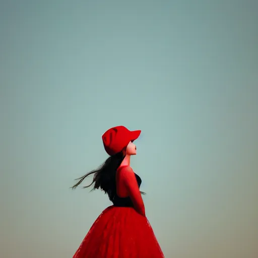 Prompt: beauty photographic portrait of half - length portrait of stunning girl in a red hat and black dress, kodak portra 4 0 0, 8 k, soft light, volumetric lighting, highly detailed,,