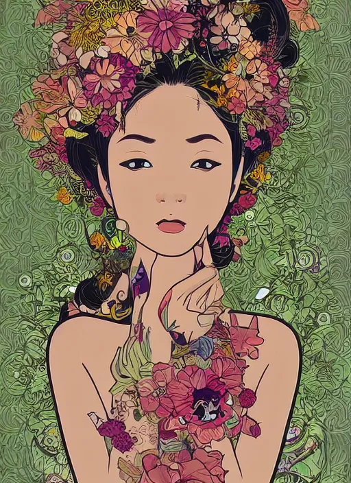 Image similar to !!! very coherent!!! vector art, beautiful floralpunk balinese cyborg portrait girl female illustration detailed patterns art of bali traditional dress, flower pop art, floral splash painting, art by geof darrow, ashley wood, alphonse mucha, makoto shinkai, dark shadow