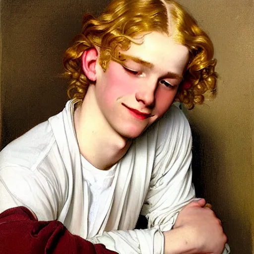 Image similar to beautiful portrait painting of the androgynous pale blond prince Lucius with long curly blond hair, delicate young man wearing a soft white poet shirt smiling sleepily at the viewer, in love by J.C Leyendecker and Norman Rockwell