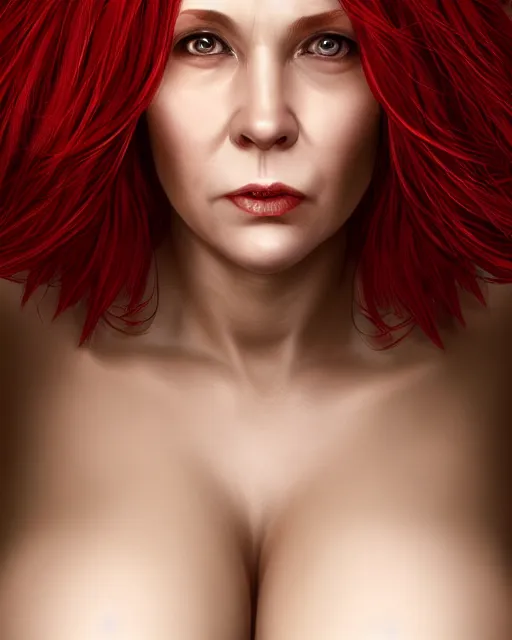 Prompt: portrait of short and plump 5 0 - year - old woman with red hair and a kind face, hyper realistic face, beautiful eyes, character art, art by mark brooks, hyperdetailed, cryengine, trending on artstation, digital art