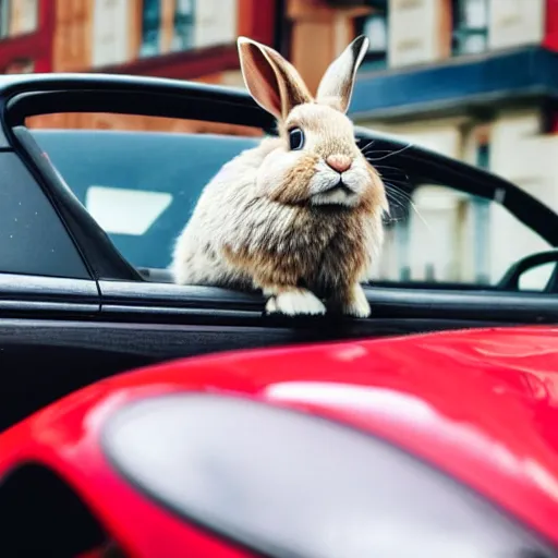 Prompt: a rabbit sitting in a red mazda mx-5 parked on a street in STockholm