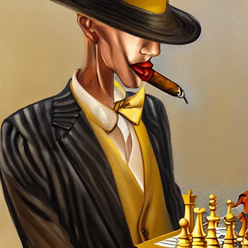 Image similar to oil painting art deco dragon shiny scales golden highlights smoking a cigar sitting at a chess table strategy wearing a handsome suit, trending on artstation, deviantary, furaffinity