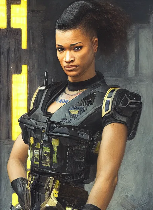 Prompt: Sgt. Maria igwe. Strong cyberpunk female USN marine wearing a military vest and powerful military cyberpunk exo-suit (cyberpunk 2077, bladerunner 2049). gorgeous face. Iranian orientalist portrait by john william waterhouse and Edwin Longsden Long and Theodore Ralli and Nasreddine Dinet, oil on canvas. Cinematic, hyper realism, realistic proportions, dramatic lighting, high detail 4k