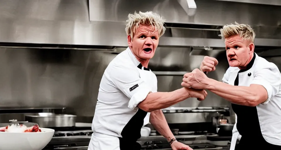 Prompt: photo of angry furious Gordon Ramsay fighting Gordon Ramsay at the kitchen