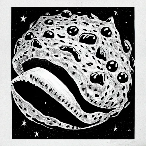 Prompt: A giant maw with infinite teeth devouring a star. Ink art. Sharp. Jagged. Monochromatic