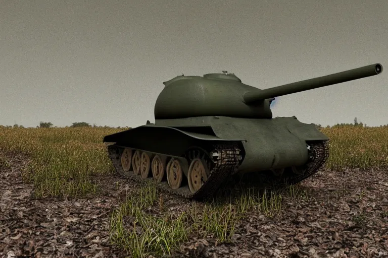 Image similar to 3d render of amrican 1944 tank M4 Sherman angled front plate cast turret hidden in bush camo netting dark gritty photo ((((grunge)))) barrel peaking out of the bush ((((((green grey color palette) cinematic ((((((Fury 2014 film)))))) detailed european forest Belgium summer overcast cloudy day