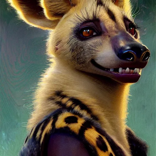 Image similar to a cinematic shot of a female hyena hyenawoman canine in wizard robes. zootopia fursona furaffinity furry art detailed face painting by gaston bussiere craig mullins jc leyendecker gustav klimt artgerm greg rutkowski furry