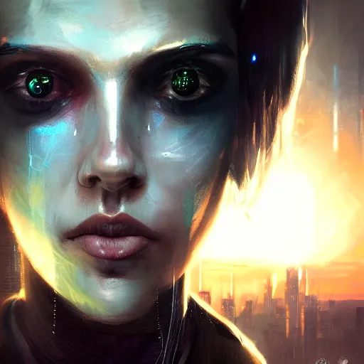 Image similar to closeup portrait of a young beautiful cyberpunk woman, eye implants, black hair, sunset, neuromancer, cyberpunk city background, megacity, gorgeous view, depth, painted by seb mckinnon, high detail, digital art, painted by greg rutkowski, trending on artstation