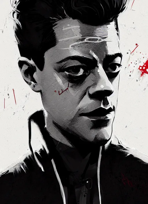 Prompt: highly detailed closeup portrait of downbeat rami malek, elliot alderson, black hoody by atey ghailan, by greg rutkowski, by greg tocchini, by james gilleard, by joe fenton, by kaethe butcher, gradient red, black and white color scheme, grunge aesthetic!!! ( ( graffiti tag wall background ) )