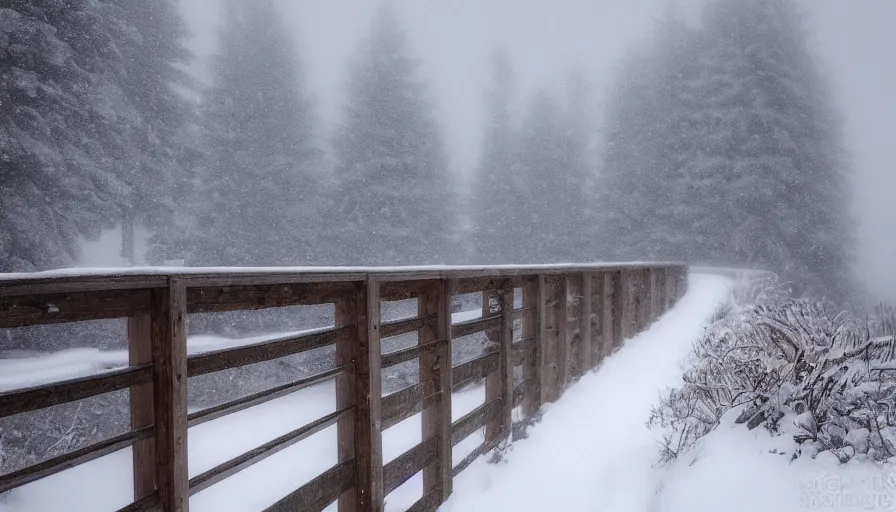 Image similar to wooden guardrails covered by snow in beautiful winter landscape. fog, snowstorm, photorealistic rendering, octane