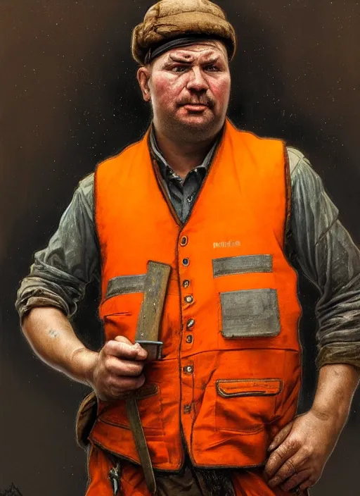 Prompt: a russian railroad electrician!!!, male!!, wearing orange vest!!, siberia!!, portrait, 3 5, dirty, fat, ugly, intricate, elegant, highly detailed, digital painting, artstation, concept art, wallpaper, smooth, sharp focus, illustration, art by artgerm and greg rutkowski and alphonse mucha