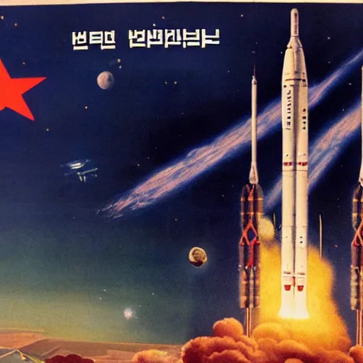 Image similar to [North Korean space mission, 1950 poster, very detailed, cinematic lighting, matte, sharp, photography]