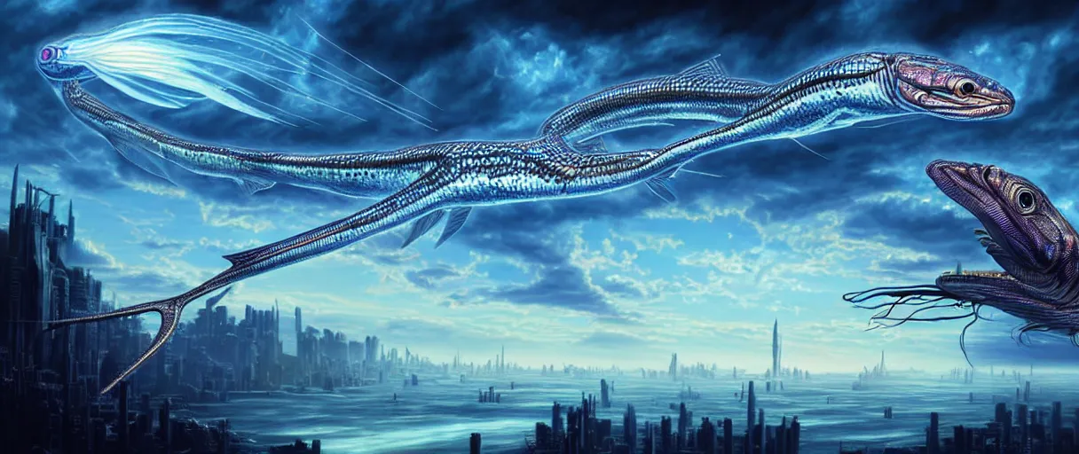 Image similar to hyperrealistic very intricate sloane’s viperfish swimming through puffy clouds above dystopian neon city digital painting concept art salvador dali alex grey cinematic soft glow lighting high angle hd 8k sharp shallow depth of field