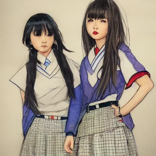 Image similar to a perfect, realistic professional digital sketch of two Japanese schoolgirls posing, in style of Marvel and DC, full length, by pen and watercolor, by a professional American senior artist on ArtStation, a high-quality hollywood-style sketch, on high-quality paper