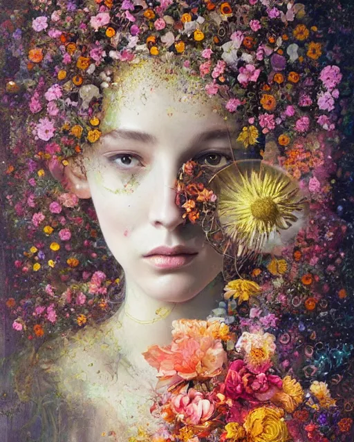 Image similar to a painting of a young woman surrounded by flowers, a surrealist painting by yoann lossel, trending on cgsociety, pop surrealism, made of flowers, cosmic horror, lovecraftian